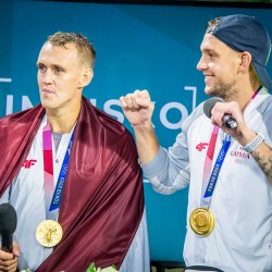 Olimpisko čempionu - 3x3 basketbolistu - sagaidīšana. Foto: Renārs Koris